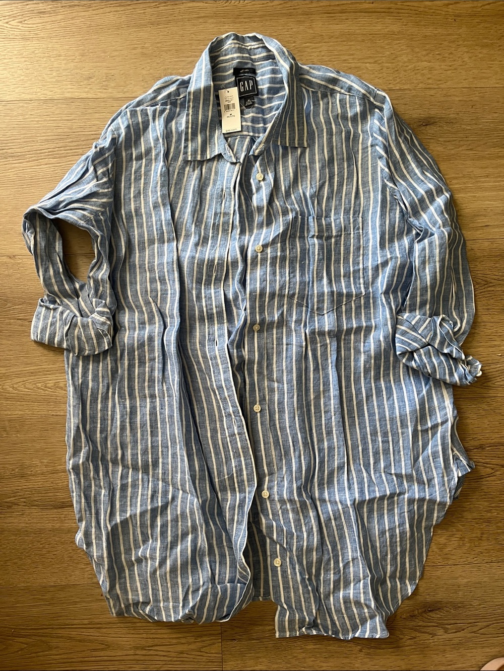 GAP Blue and White Vertical Stripe Casual Linen Button-Down Tunic Shirt